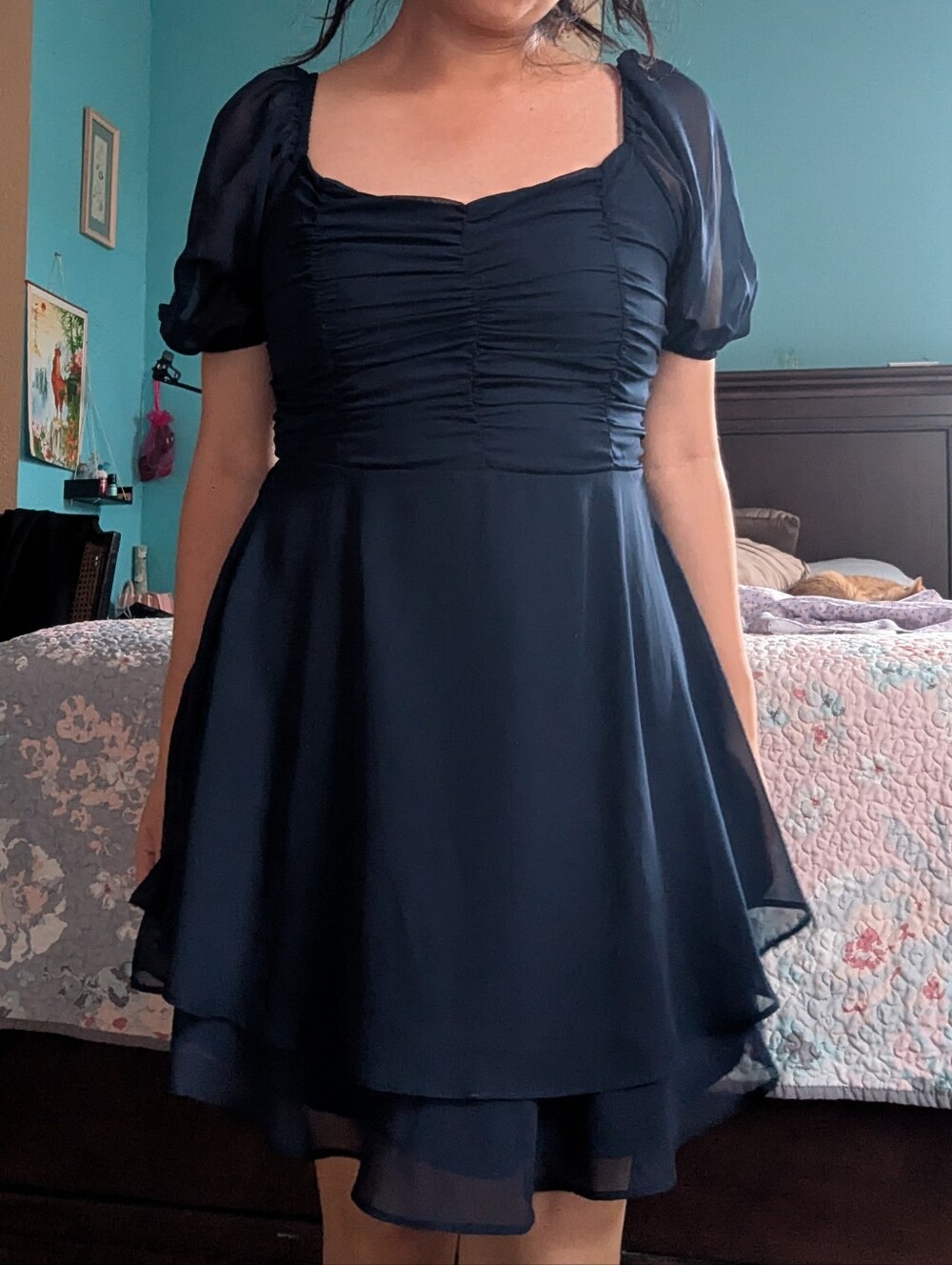 Altar'd State Navy Ruched Bodice Puff-Sleeve Mini Dress